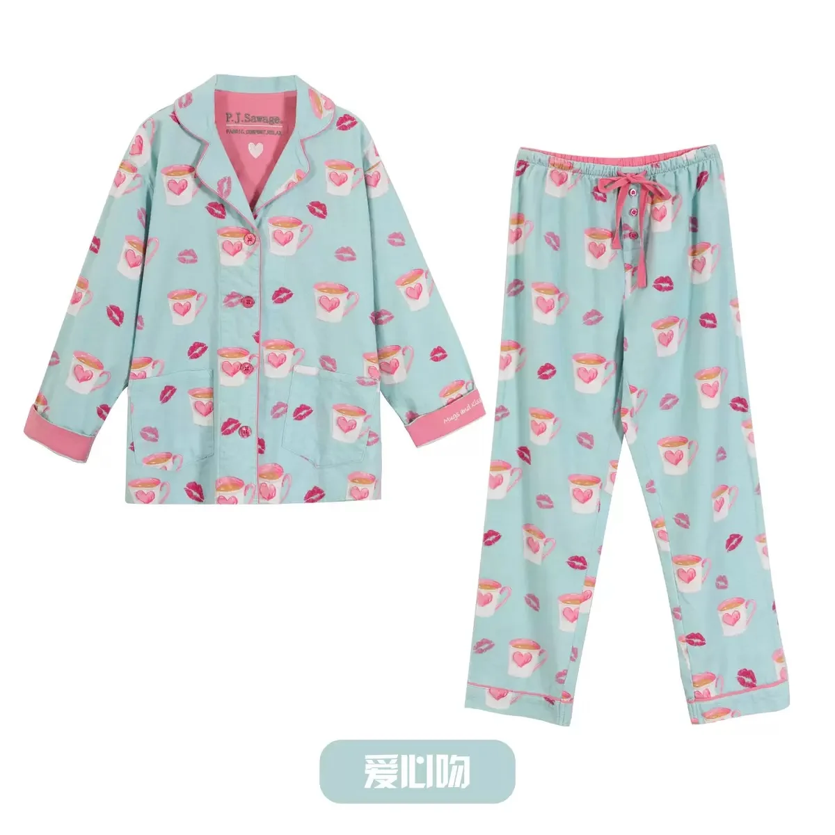 100% Cotton Pyjamas Women Set 2 Piece Cartoon Button Down Long Sleeve Sleepwear Soft Pjs Set Loose Loungewear Womens Outfits