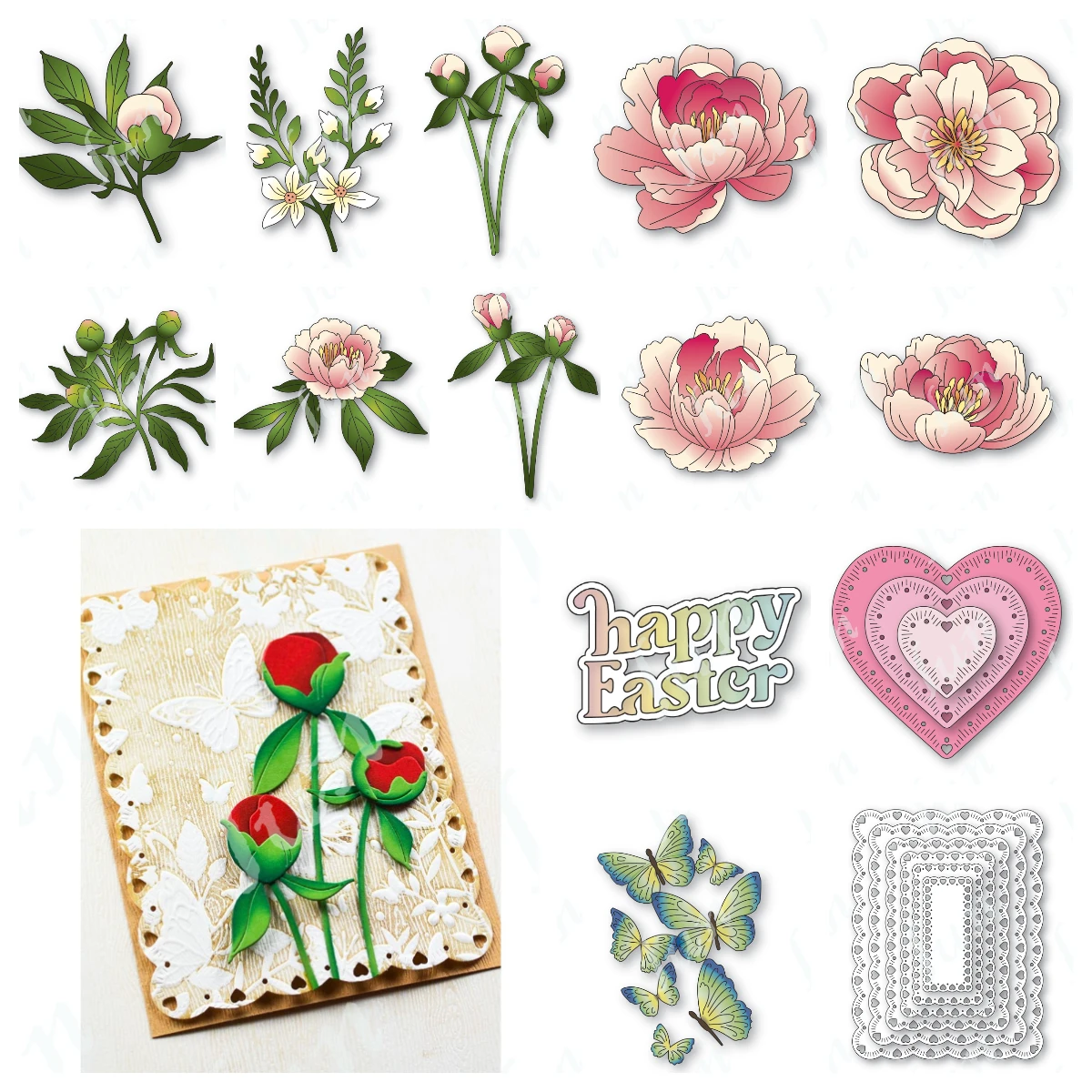 Peony Bloom Die Metal Cutting Dies for Scrapbooking New 2025 Happy Easter Hearts Die Cuts for Card DIY Embossed Craft Supplies