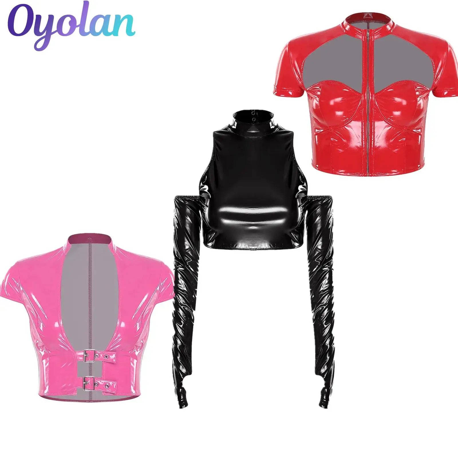 

Sexy Womens PU Leather Latex Cropped Top Push-up Underwire Cutout Short Sleeve Front Zipper Crop Top Glossy Wet Look Clubwear