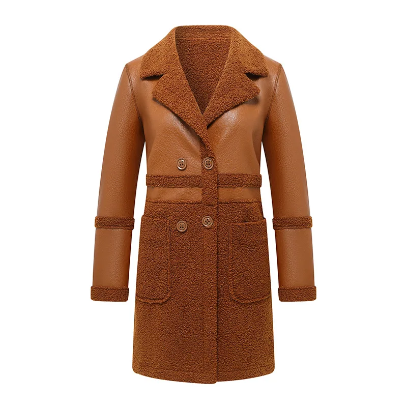 New Autumn Winter Women Fleece Warm Long Leather Trench Coats Double-faced Fur Jackets Double Sided Loose Casual Leather Jackets