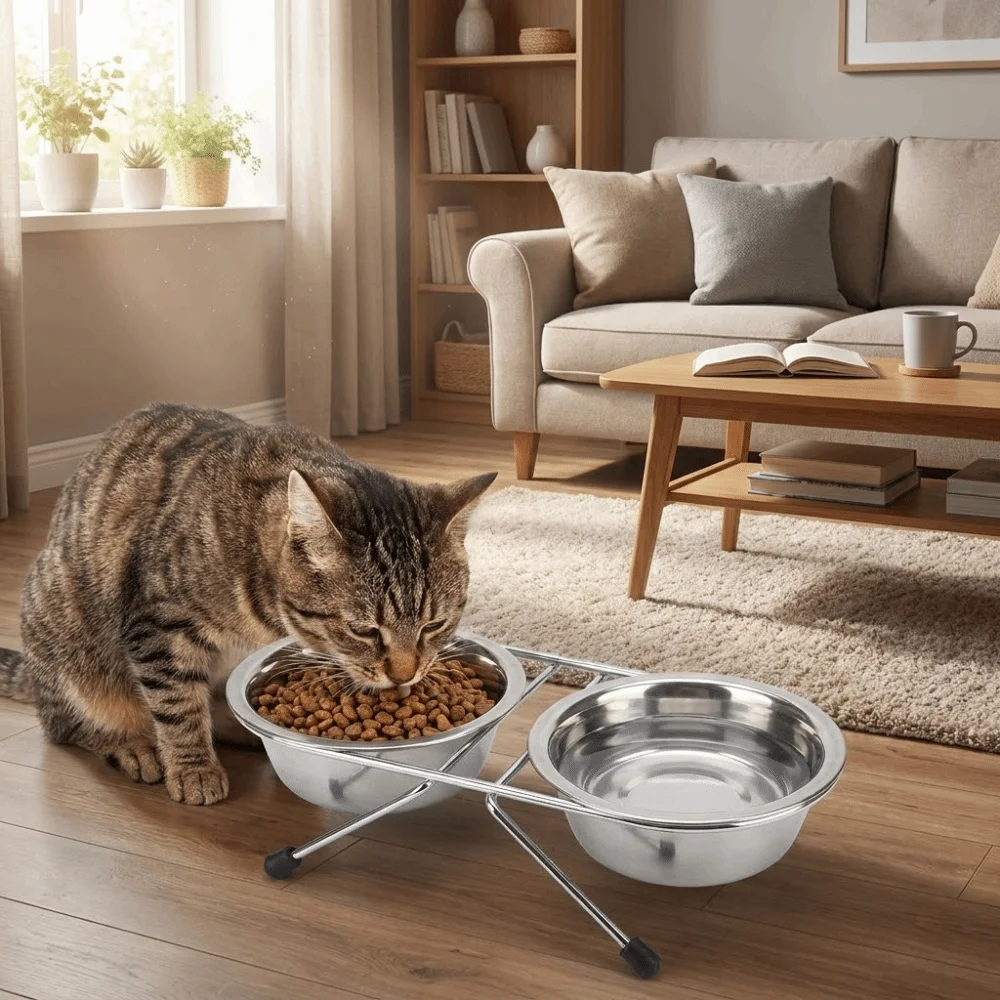 Iron Frame Stainless Steel Pet Bowl Durable Anti-leak Cat Double Bowl Detachable Anti-Tipping Elevated Pet Feeder For Cats Dogs