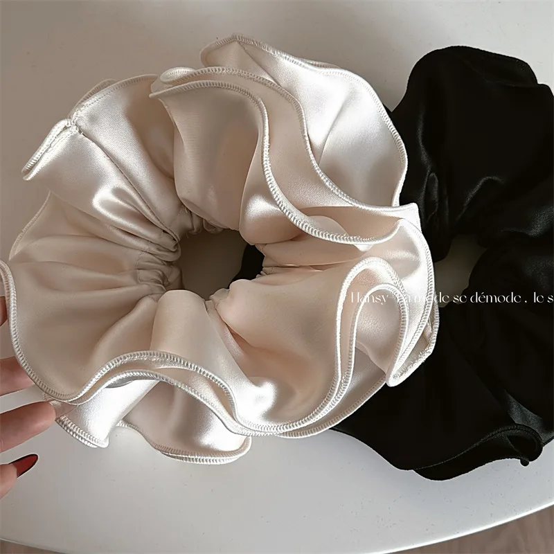 Korean Style Satin Scrunchie Hair Tie with Ruffled Lace Design No Damage Hair Accessory for Thick Hair Office Date Night Party