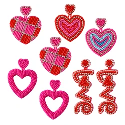 2024 New In Jewelry Accessories Valentines Day Gift Wholesale Pink Red Letter Love Double Heart Seed Beaded Earrings for Women