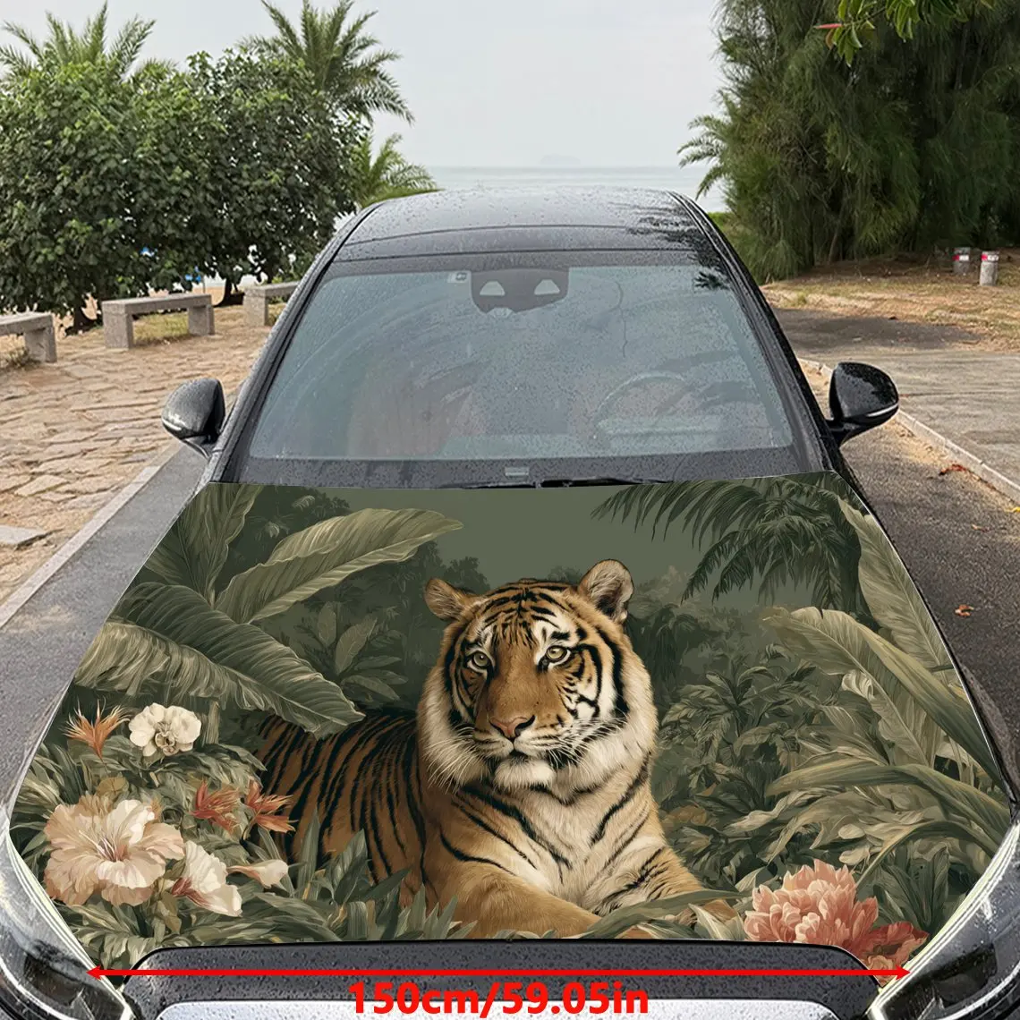 Car Decal Tiger with Tropical Foliage & Multicolored Flowers Artistic Background & Ferocious-Botanical Aesthetic Car Hood Sticke