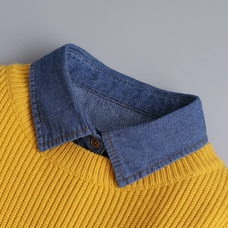 Fake Autumn Winter Spring Pure Cotton Versatile Casual Denim Pointed Collar Paired With Hoodie Sweater Anti-Aging