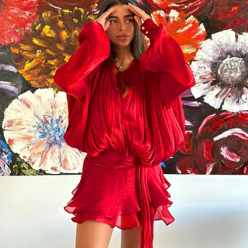 Printkaair feminino em camadas babados hem rendas até mini vestido moda manga longa queimado cintura alta a linha vestidos senhora vestido de férias