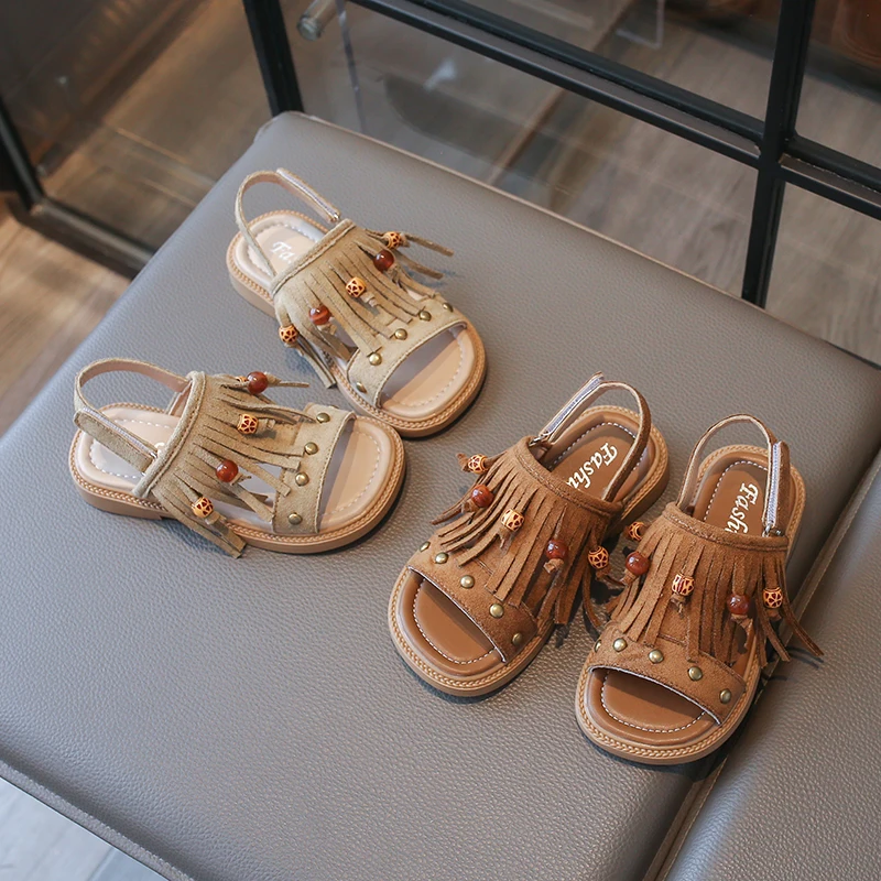 Little Girls Fringes Leather Sandals 2026 New Summer Kids Ethnic Style Beach Shoes Non-slip Simple Retro Party Wedding Dress Up