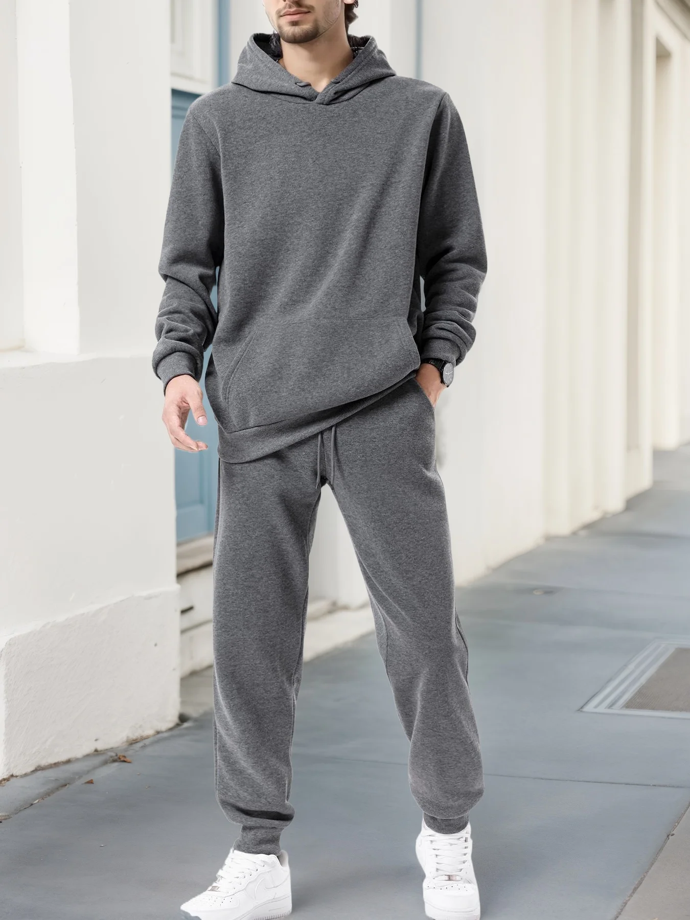 Felpa con cappuccio tinta unita autunno e inverno da uomo + pantaloni da jogging Set da due pezzi Tuta da uomo per abbigliamento sportivo casual all'aperto alla moda