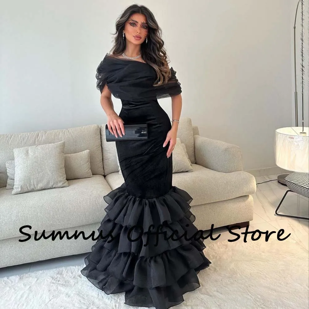 Sumnus Black Mermaid Saudi Arabic Evening Dress Pleats Tiered Tulle Off Shoulder Dubai Prom Party Dress Floor Length Customized