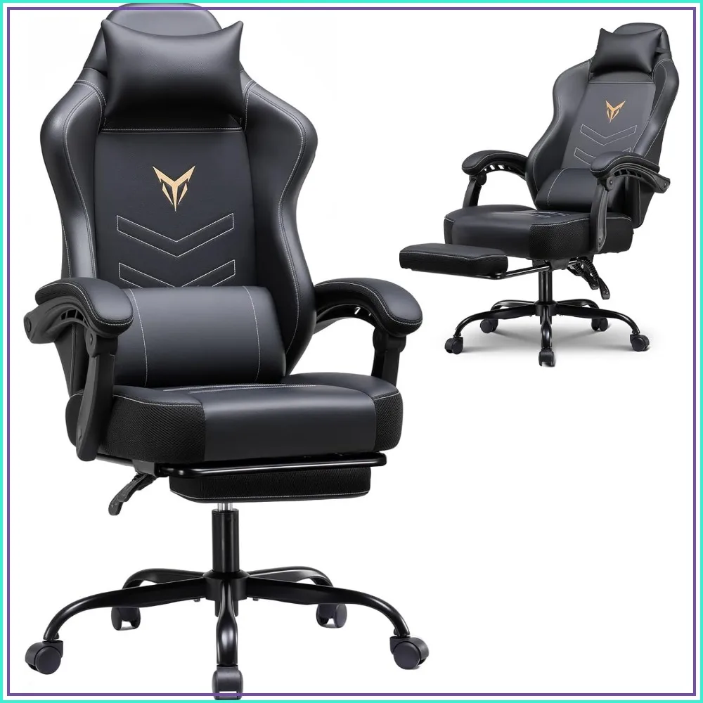 Ergonomic Gaming Chair with Footrest, Recliner, Headrest & Lumbar Support, Linkage Armrest, 350lbs Capacity, High Back Office Chair, Black