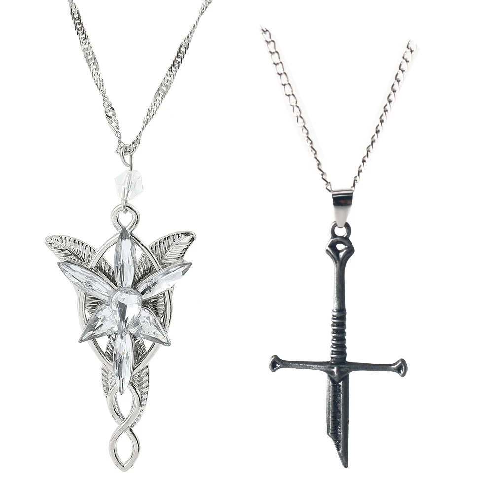 2pcs/set New Broken Sword Necklace Metal Elf Crystal Evenstar Pendant Necklace Punk Sword Necklace Man Woman Gift