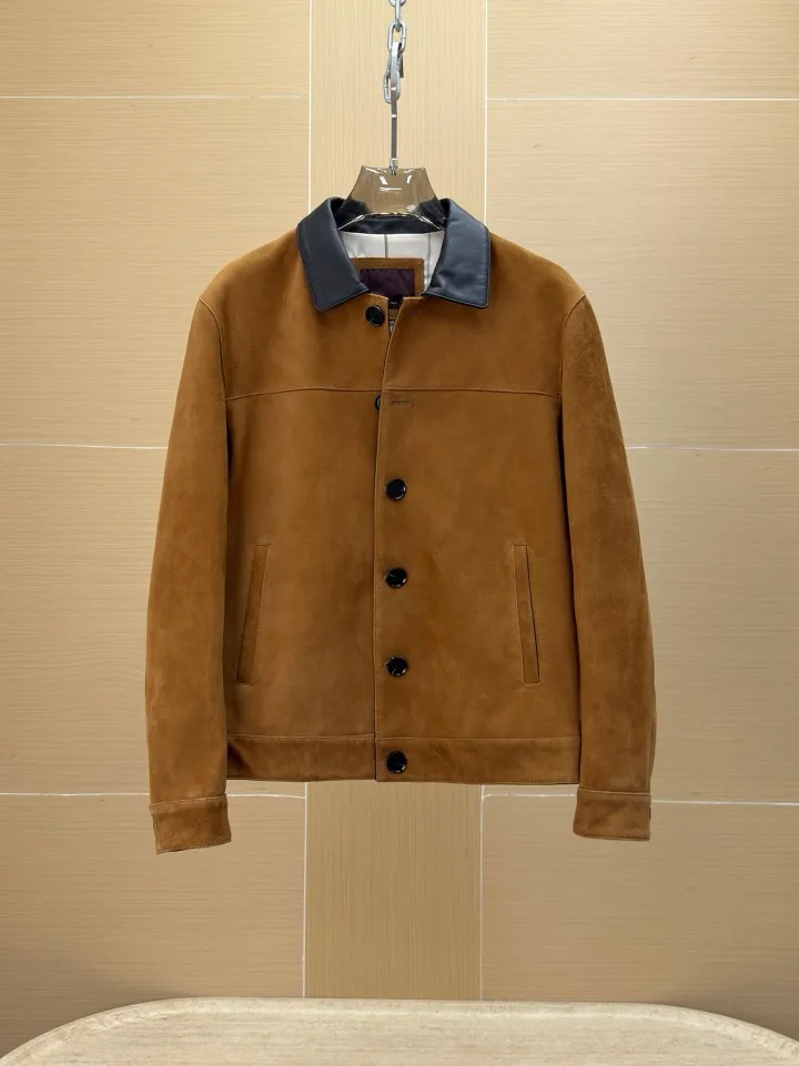 Mens Vintage Leather Jacket 2026 New Top Layer Sheepskin Mixed Sheepskin Suede Turn Collar
