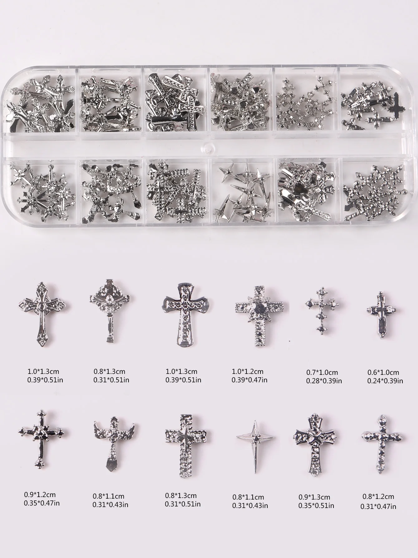 12 Grids Punk Cross Mix Shape 3D Silver Metal Nail Decoration INS Retro Cross Alloy Vintage DIY Nails Art Charms