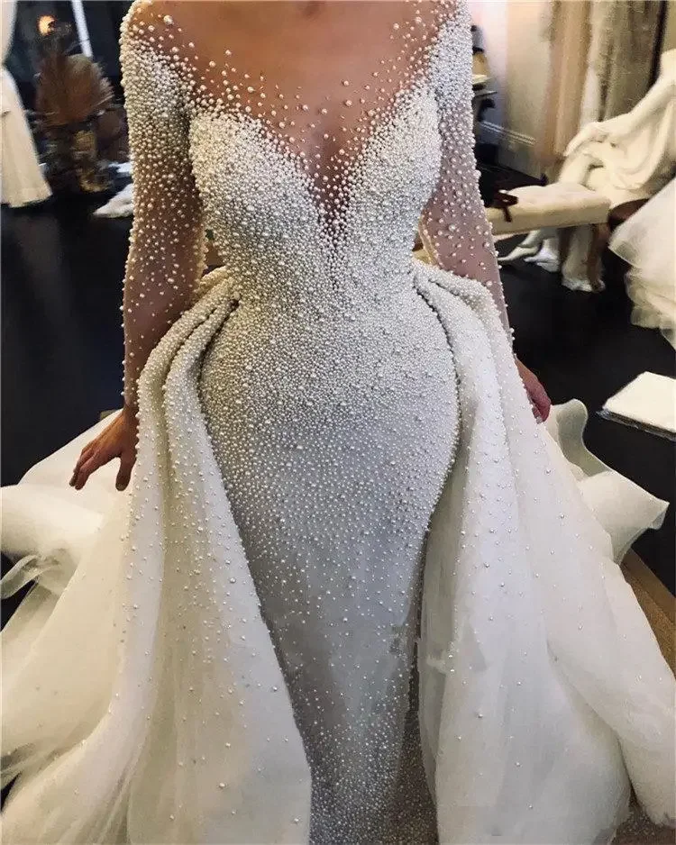 

Customized Luxury Full Pearl Beaded Mermaid Wedding Dresses With Detachable Train Vintage Long Sleeves Saudi Arabic Plus Size Br