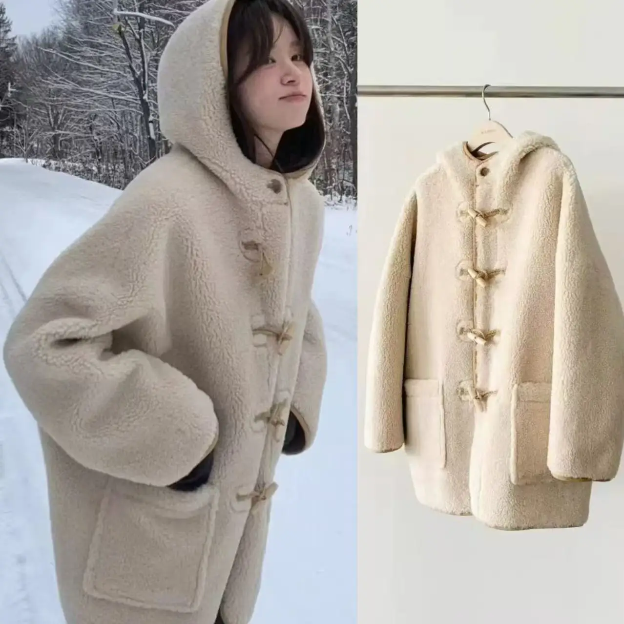 

Утепленное женское зимнее пальто свободного кроя из овечьей шерсти с капюшоном, корейский стиль, средней длины, с длинными рукавами