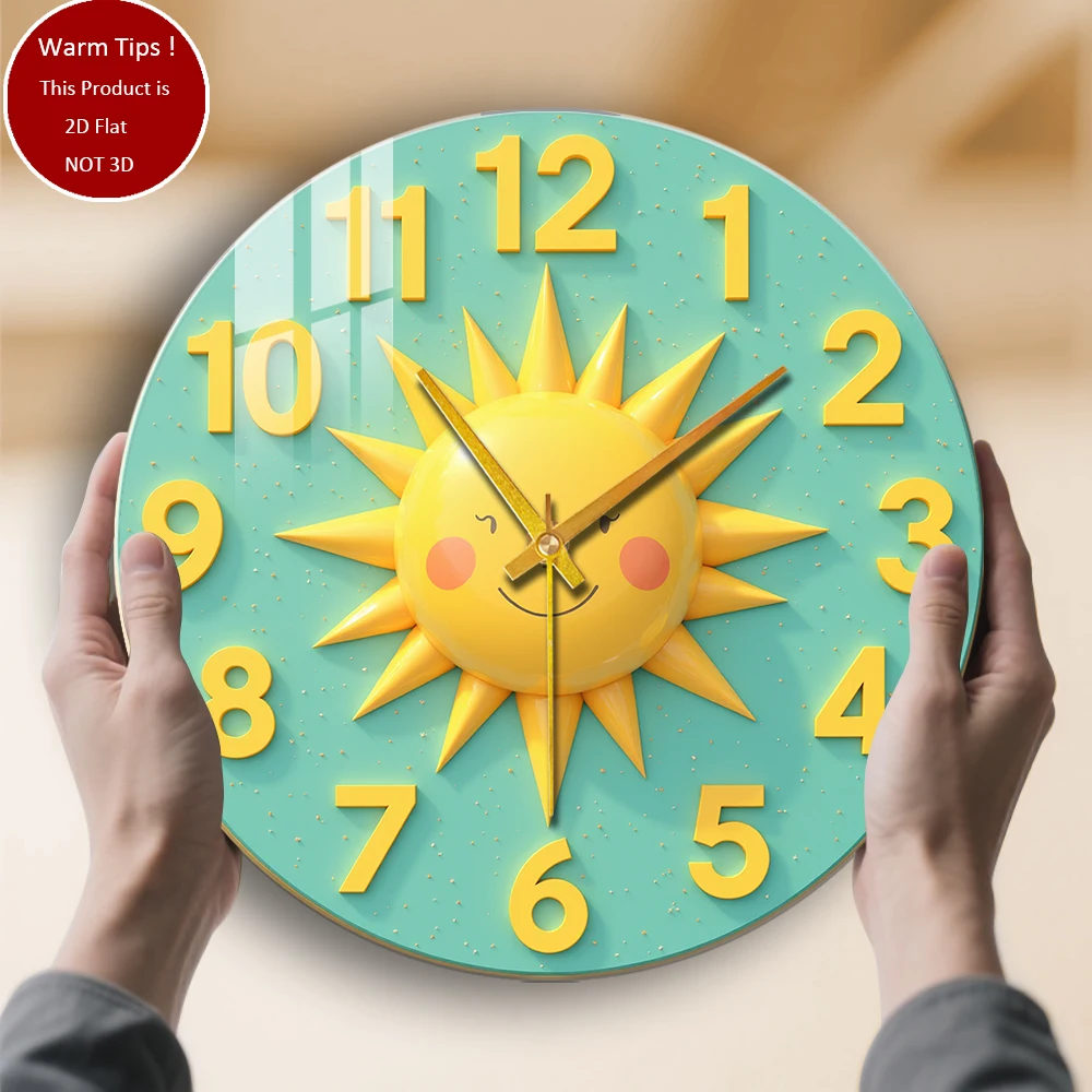 Tempered Glass Wall Clock Sun Clock Face Numbers Smile Yellow Suitable For Wall Decor or Tabletop Display Anywhere