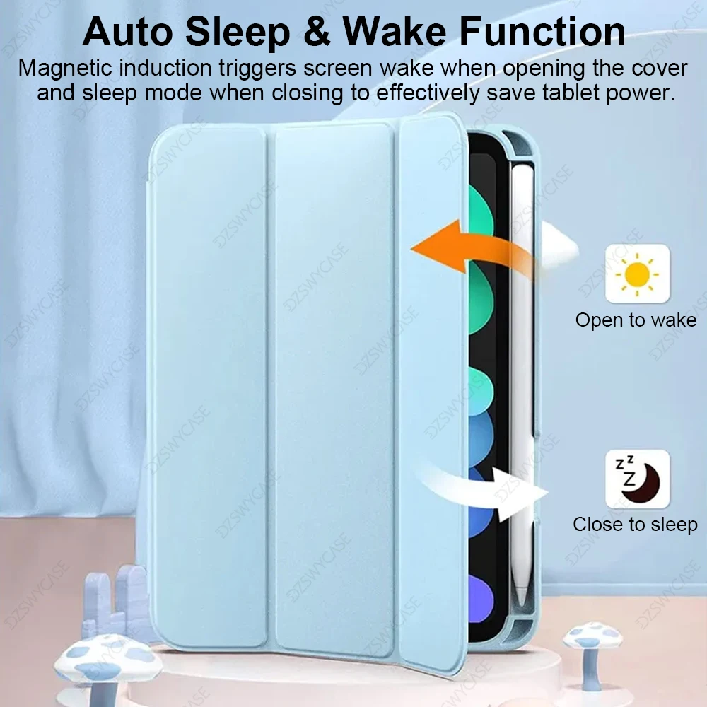 Case for iPad mini 6/7 A17 Pro 8.3inch, with Pencil Holder, Trifold stand, shockproof soft TPU back cover, Auto sleep/wake view 3