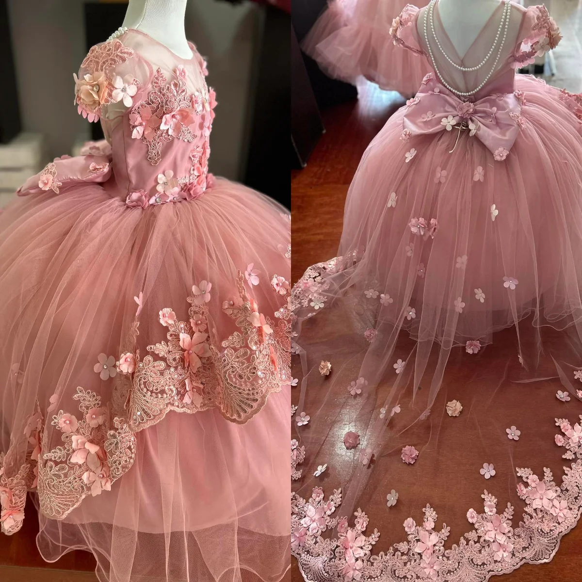 

3d Applique Pink Flower Girl Dress For Wedding Puffy Tulle Floor Length Birthday Party Dress Pageant Toddler Baby Prom Gowns