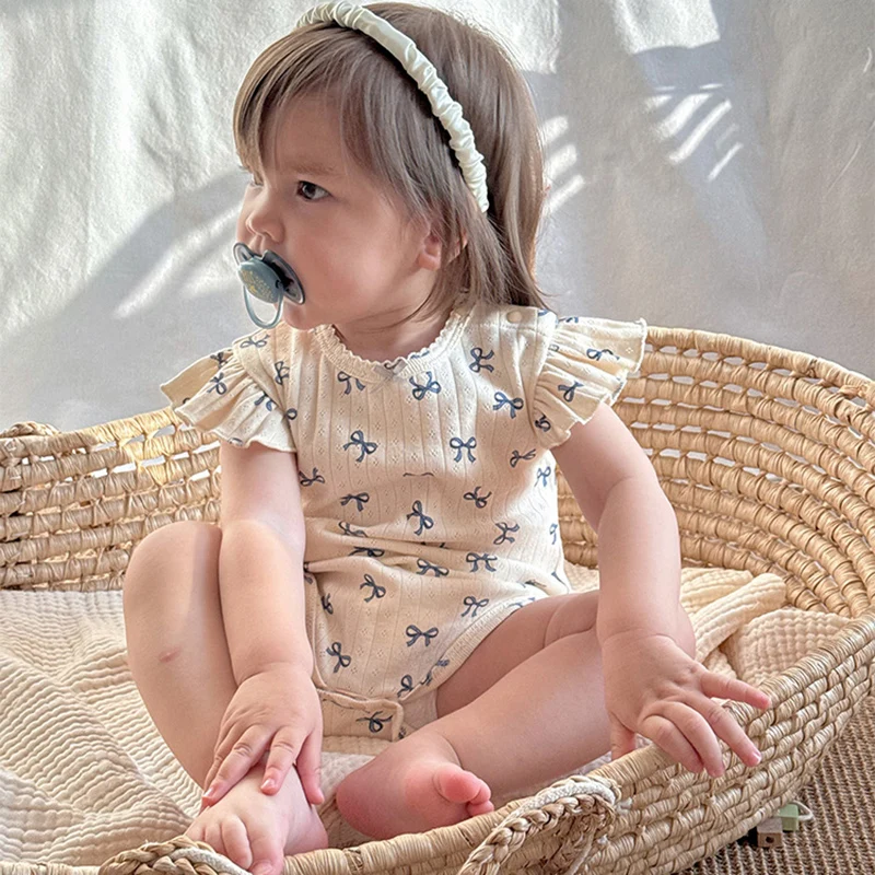 2026 New Summer 0-24M Baby Girl Clothing Korean Style Climbing Suit Flying Sleeve Cotton Print Toddler Baby Girls Jumpsuit