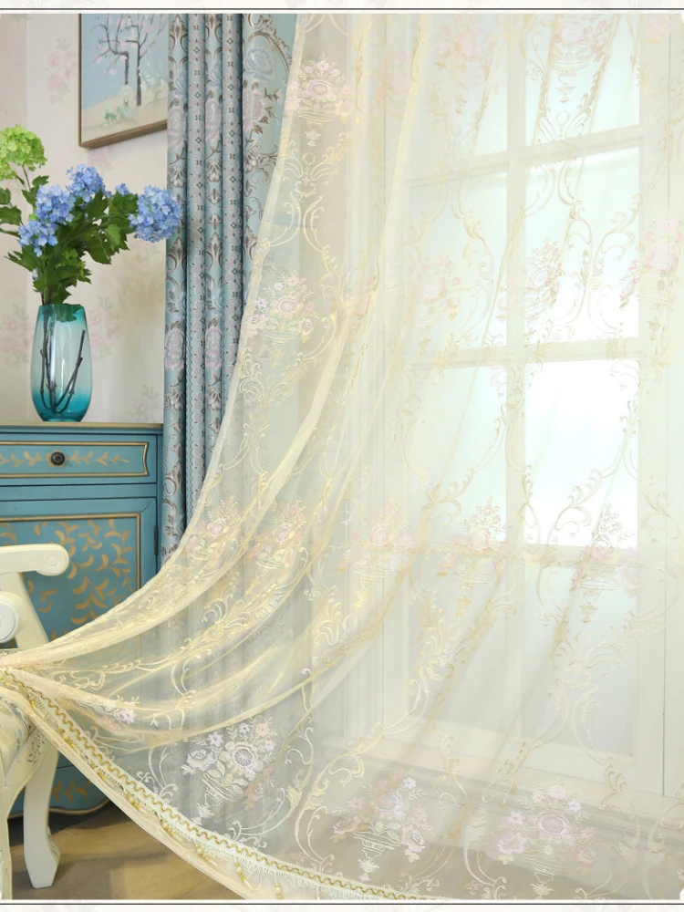 

Embroidered Tulle Window Curtains for Living Room Bedroom Light-transmitting Vertical Drap Curtain Balcony Yarn European-style