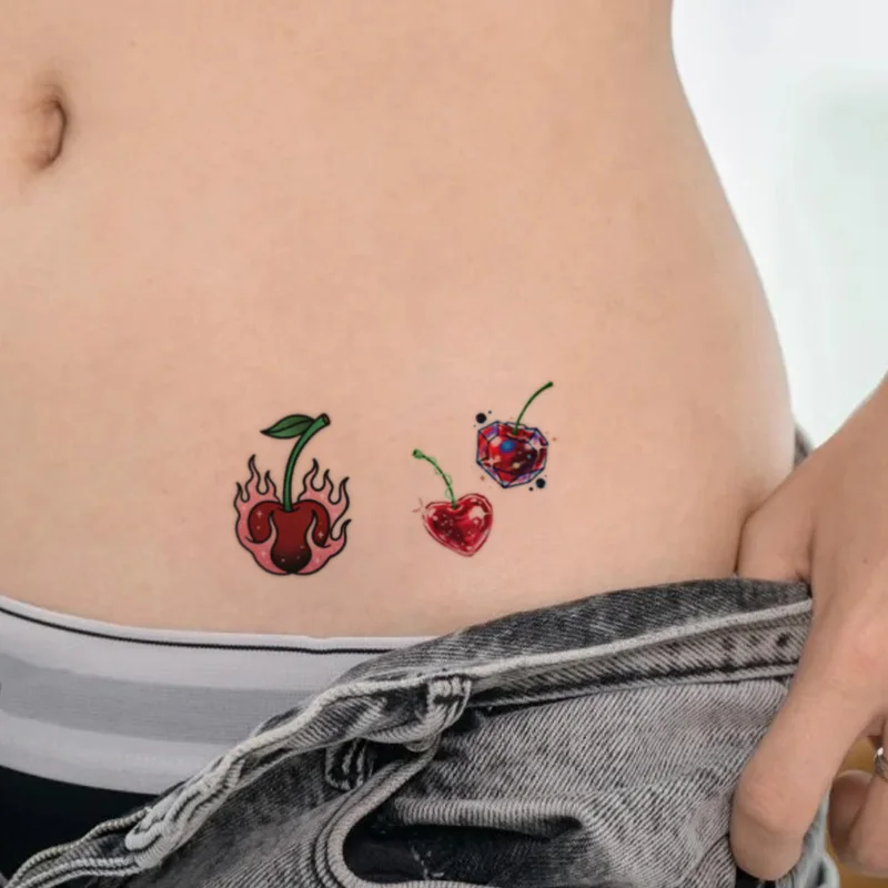 Cherry Kiss Temporary Tattoo Sticker, Long-lasting and Waterproof, Fruity Lips, Realistic Fake Tattoos for Couple, Arm, Chest