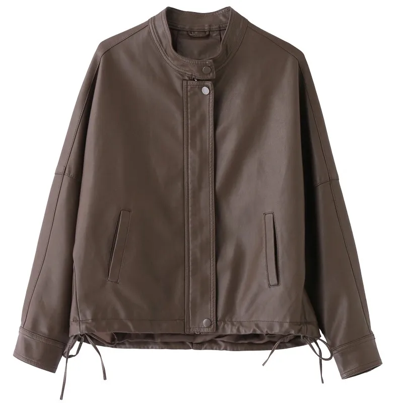 Cappotto da motociclista in pelle PU retrò di fascia alta Jaet da donna Casual Top antivento Cappotto ort Gamba dritta Sle Lungo chiusura con cerniera
