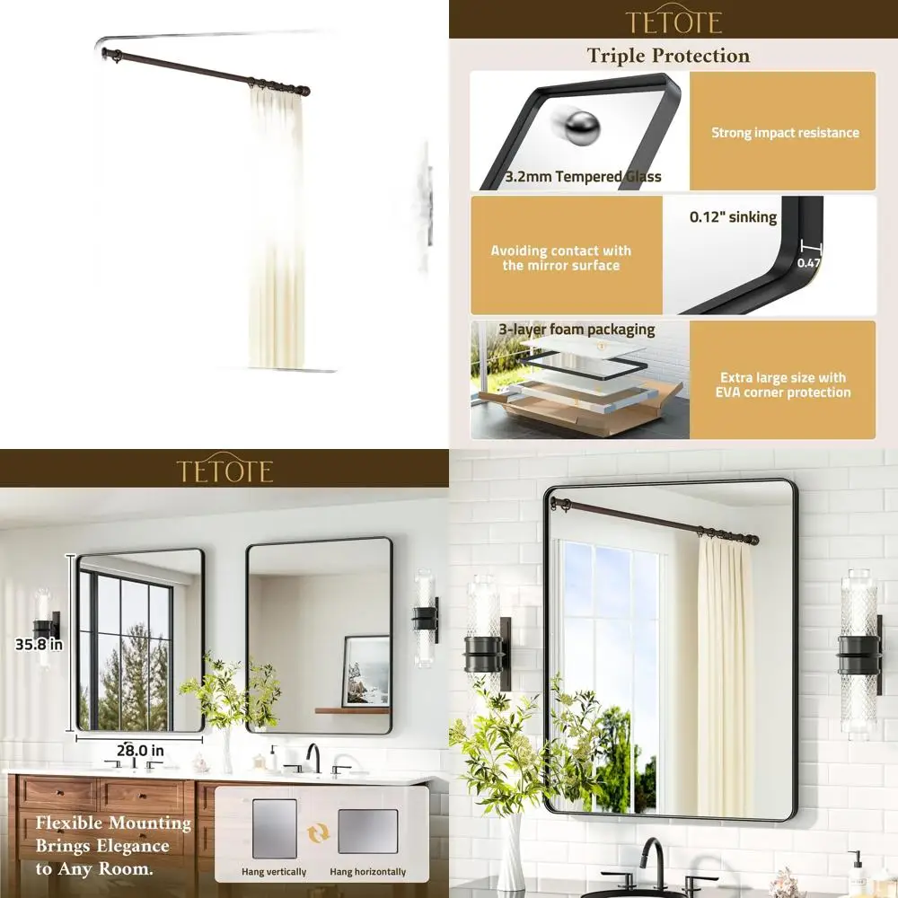 

36x28-дюймовое матовое черное металлическое косметическое зеркало, закаленное стекло, настенное крепление для дома