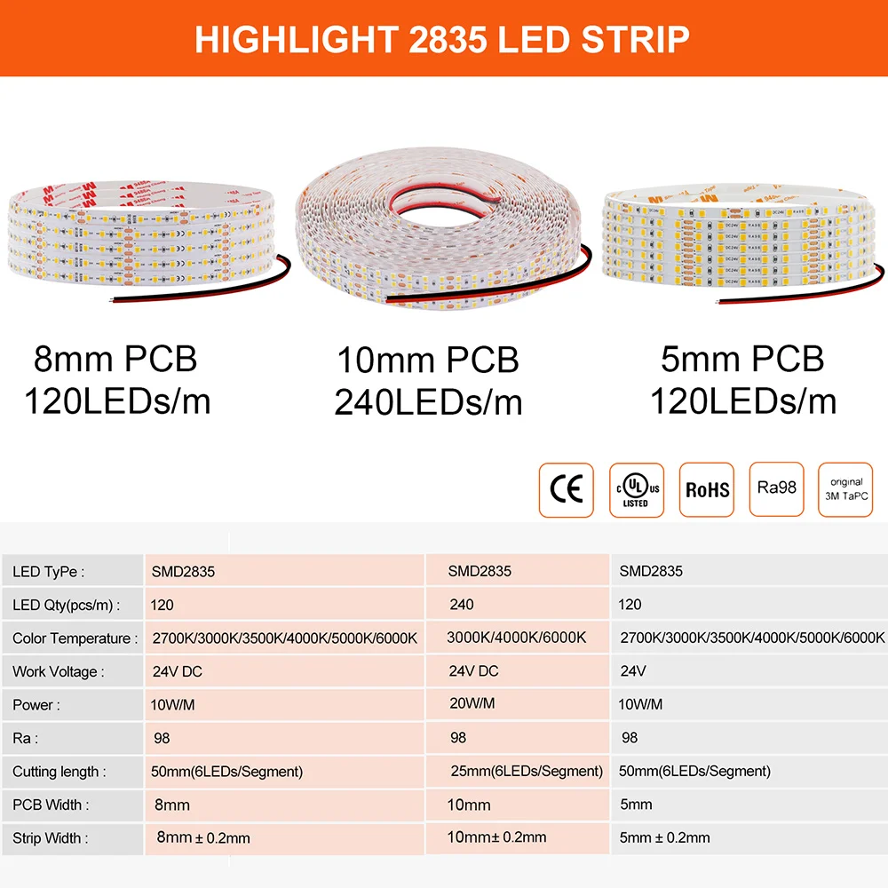 LED Strip Light RA98 5mm 8mm PCB 5m 10m 24V 2835 120 240 LEDs Flexible Adhesive Tape 2700K 3000K 3500K 4000K 5000K 6000K Decor