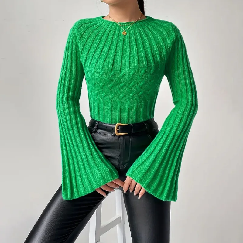 

Ladies Casual solid Sweater spring autumn Knitted sweaters flare sleeve loose Jumper Tops Women O-neck bottoming Pullover female