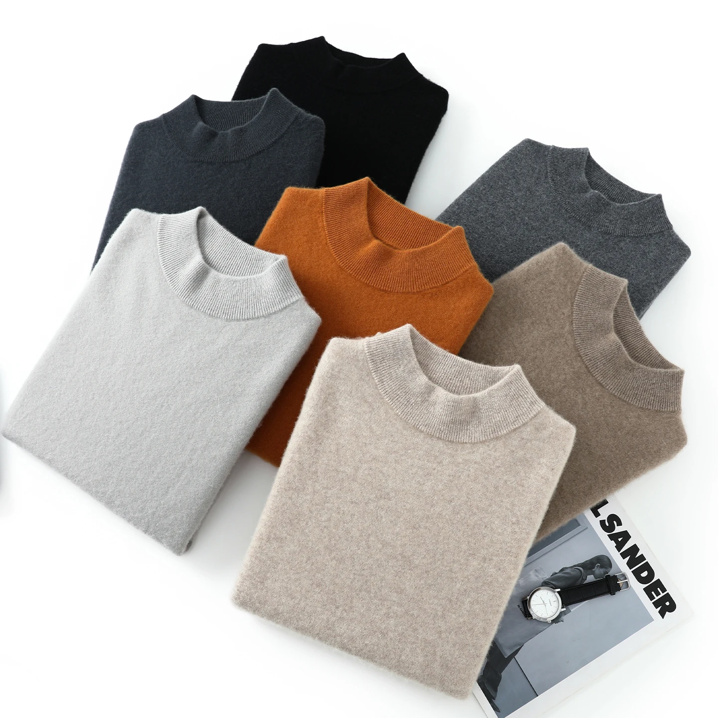 Autumn/Winter Men's 100% Pure Cashmere Pullover Business Casual Solid Knitted Sweater Loose Half High Neck Tops  Basic Jumper