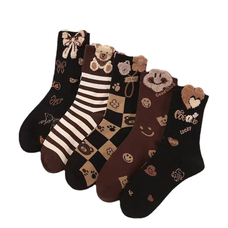 5 Pairs Women Winter Long Socks High Aesthetic Ins Trendy Versatile New 3D Flocking Cute Bear Tube Socks Internet Popular Socks