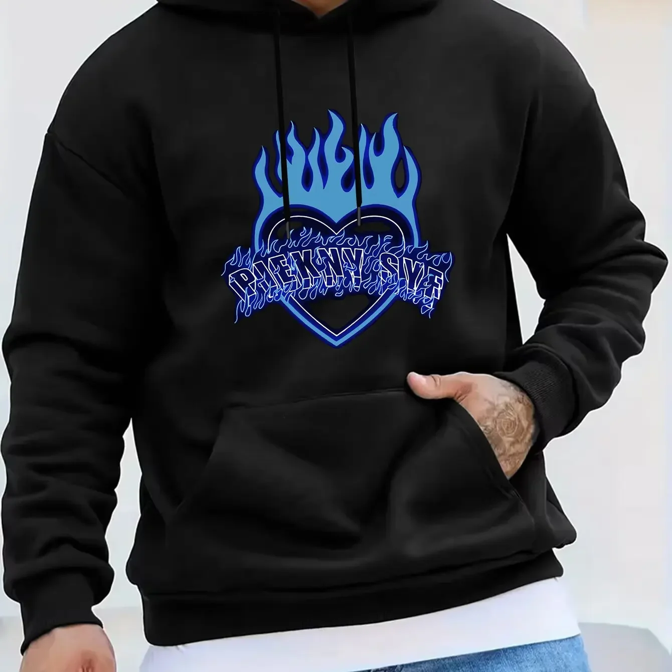 Men'S Autumn Winter Long Sleeve Hooded Sweatshirt Flame Heart Retro Biker Pattern Print Casual Versatile Top