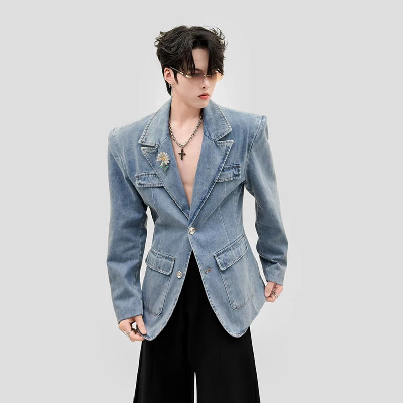 Punk Street Vintage Washed Denim Blazer Men Casual Waist Cinched Suit Lapel Double Button Fashion Outer Jacket CDS3
