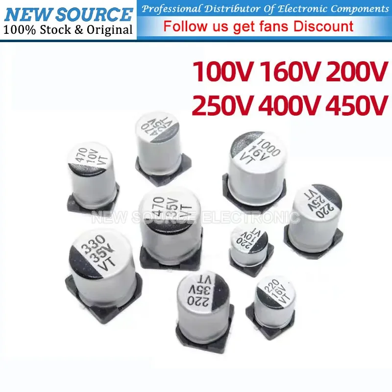 アルミ電解コンデンサ,smd,100v,160v,200v,250v,400v,450v,4.7uf, 10uf, 22uf, 33uf, 47uf 100uf、220uf、330uf、470uf、5個
