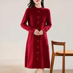 Fall/Winter 100% Pure Wool Dress Women's Half-high Neck Long Skirt Knitted Bottom Sweater Long Skirt