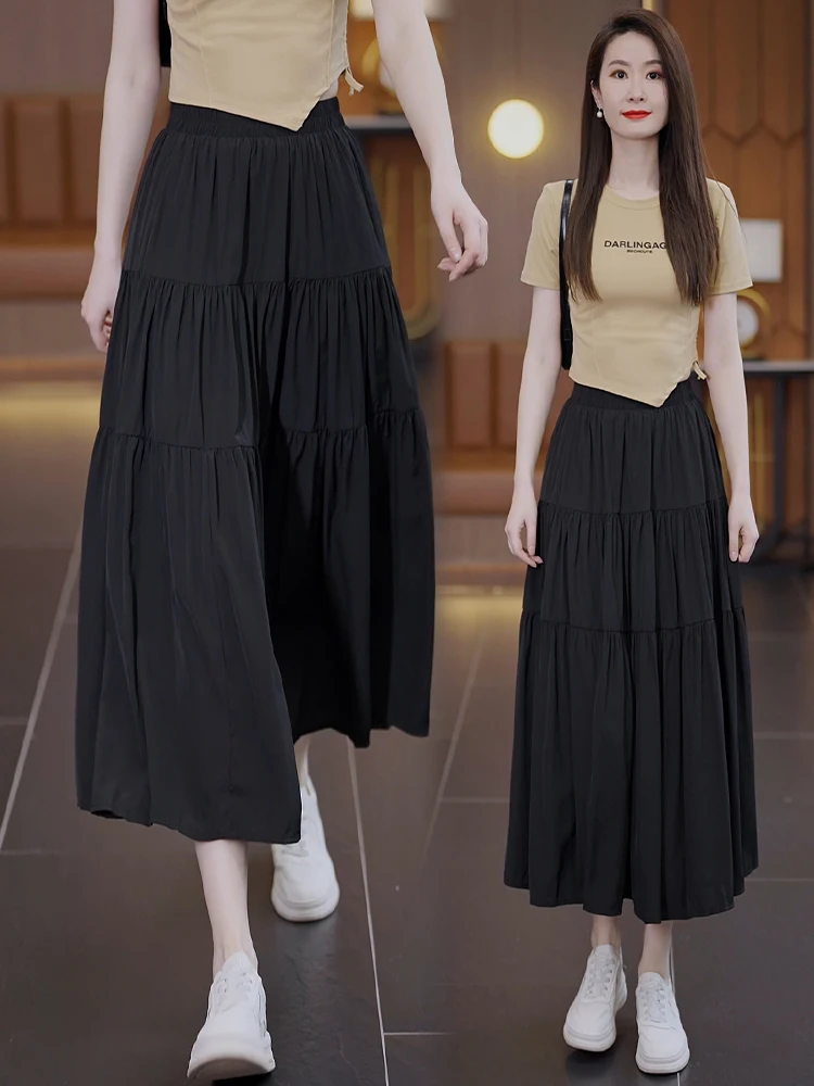 

Summer Thin High Waist A-Line Cake Skirt Women's Elegant Long Midi Skirt Dreamy Commute Korean Style Pleated Slim Fit