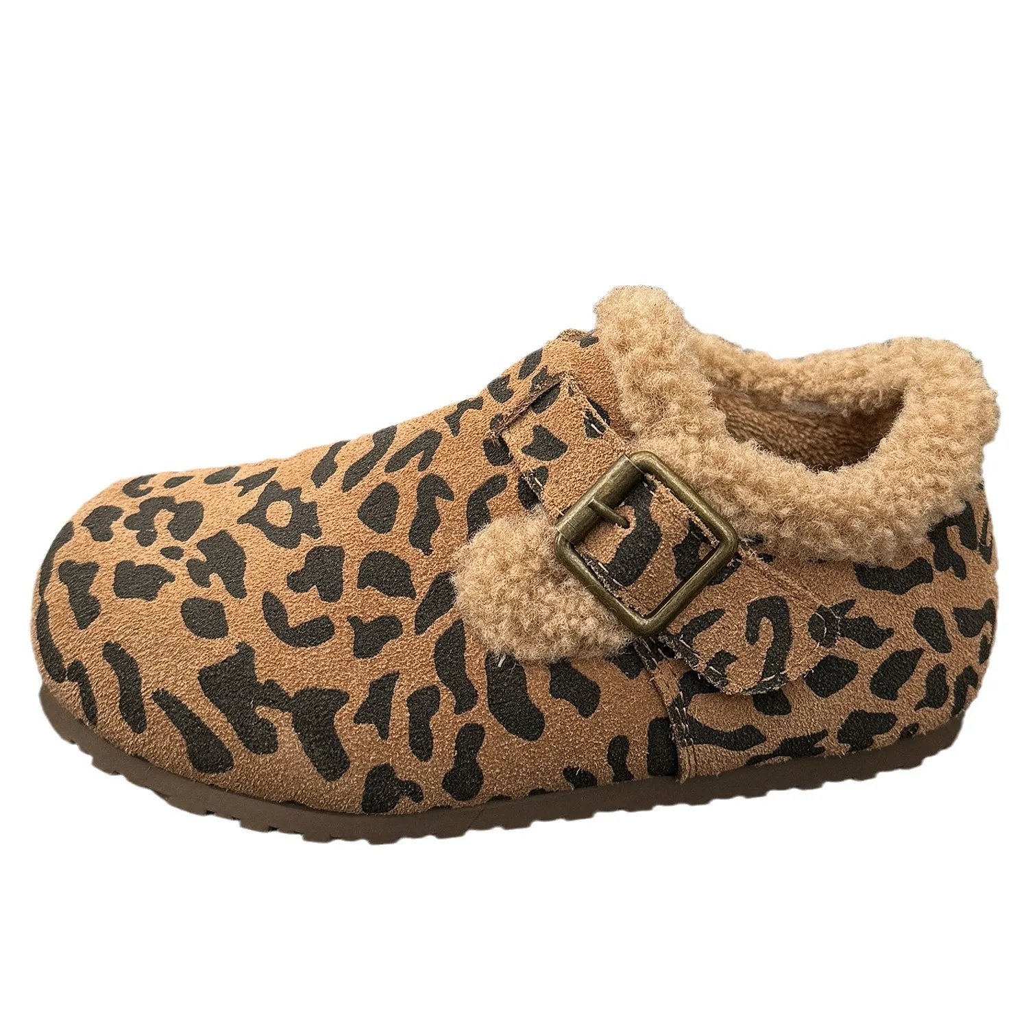 Fashion Kids Winter Shallow Shoes With Velvet,Leopard Print Camel Soft Warm Girls Casual Shoes Kids Boys Genuine Leather Walkers