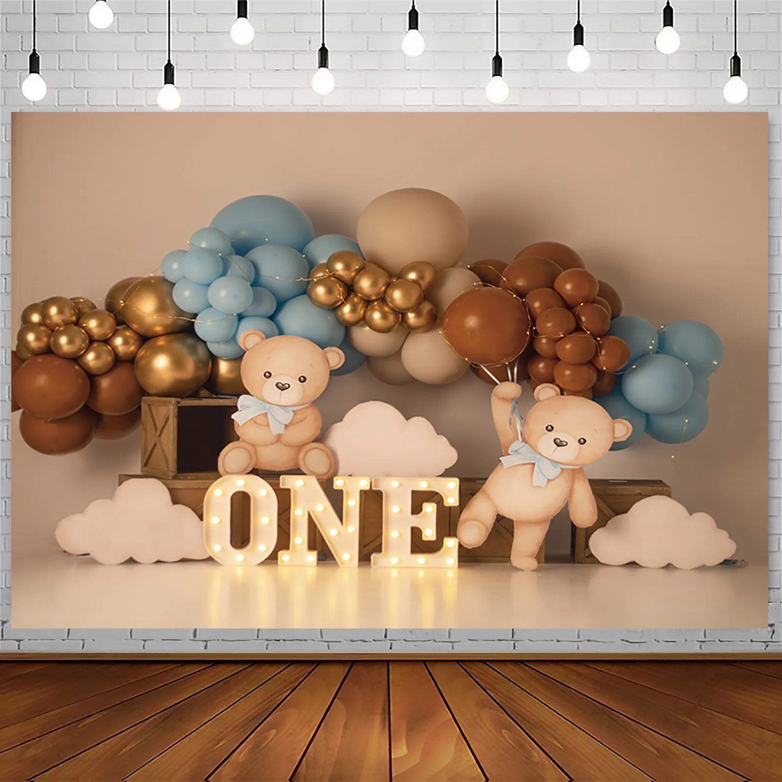 Cute Bear Photography Background White Clouds Colorful Balloons Party Decor Backdrop Kids Cake Smash 1st Birthday Photozone