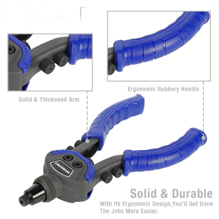 Pistole per dadi per rivetti per rivetti a mano da 10 "/254 mm Pistola per rivetti per carichi pesanti Rivetti da 100 pezzi inclusi con 5 nasi sostituibili