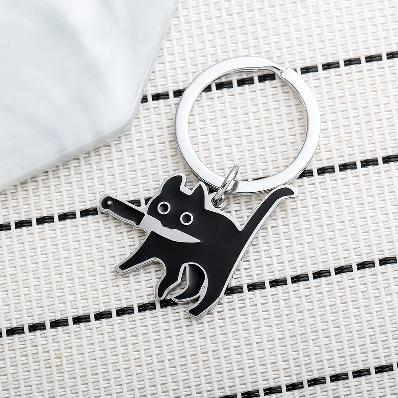 Stainless Steel Black Cat with Knife Mouth Cartoon Keychain Japanese Style Creative Personality Keyring Schoolbag Pendant Gifts