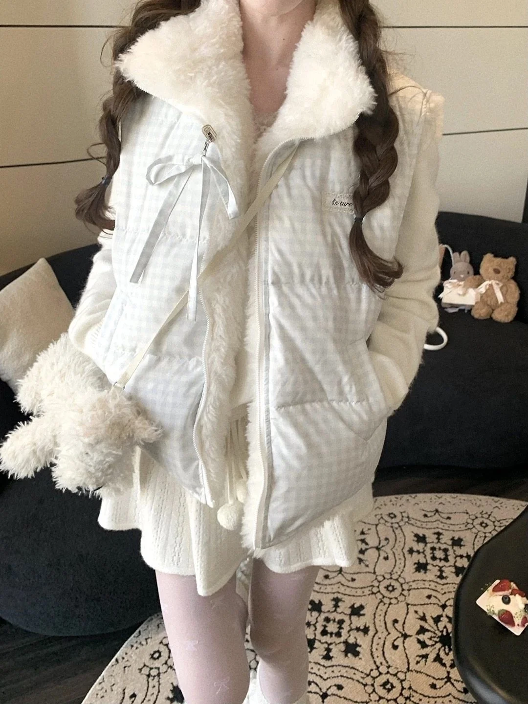 

Мягкий синий жилет в клетку из хлопка для женщин, зимний, двусторонний, с мехом ягненка, теплый, утепленный, свободного кроя, на молнии