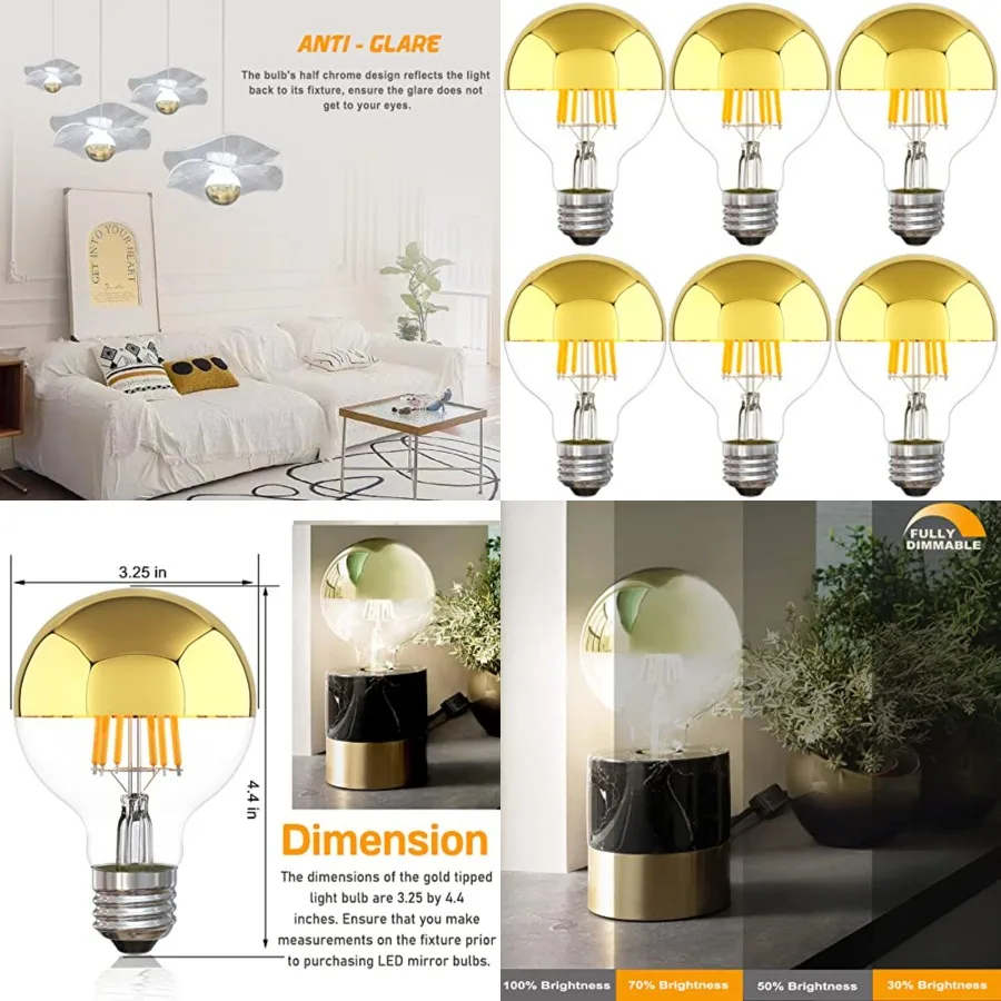 

Half Chrome Light Bulb, Dimmable Tipped Light Bulb 5000K Daylight, 6W LED 60 Watt Equivalent,G25 Globe Vintage LED Edison Bulb,