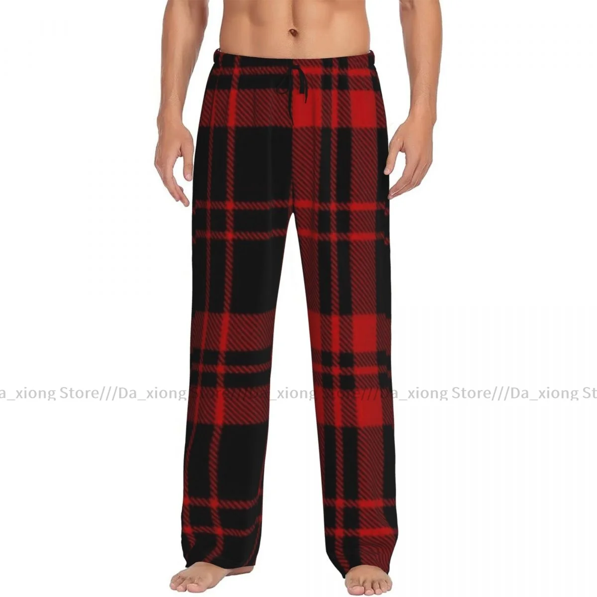 Men's Casual Pajama Sleeping Pants Black And Red Tartan Plaid Lounge Loose Trousers Comfortable Nightwear