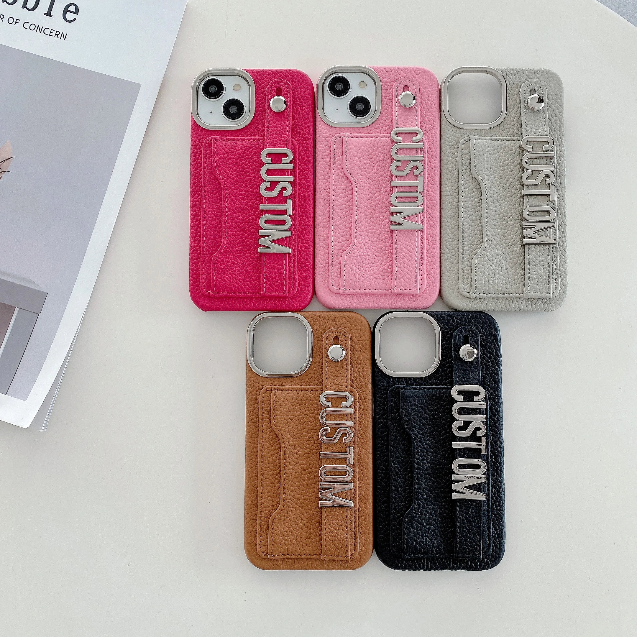 Card holder genuine leather Phone case for iPhone14ProMax 14Plus customized name silver letter wristband