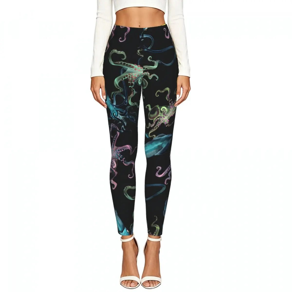 Women Full Length Elastic Leggings High Waist Tight Pants Squid Octopus Casual Bottoms
