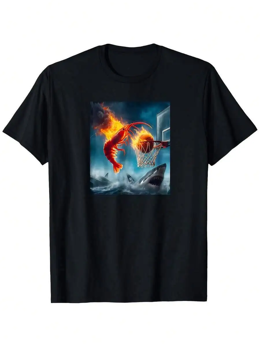 Funny Shrimp Dunking On Shark Basketball Meme Graphic T-Shirt - 100% Loose Fit Tee For Unisex & Unisex, Casual Outdoor Hiking  100% Cotton Trendy Y2K Short-Sleeve Tee-Soft, Quick-Drying, Moisture-Wicking, Great Gift for Christmas or Halloween.