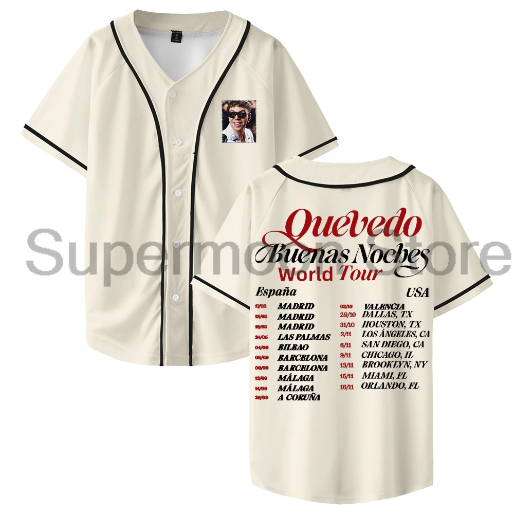 Quevedo Buenas Noches World Tour 2025 Baseball Jersey V-Neck Short Sleeve Button-up Shirts Women Men Streetwear Tops