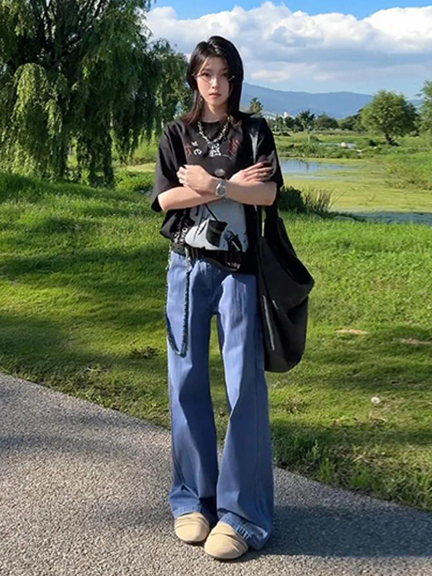 

Cleanfit Deep Blue Waed out Vintage Jeans Men Women Summer Thin Micro Flare American High Street Knife Straight Leg Jeans