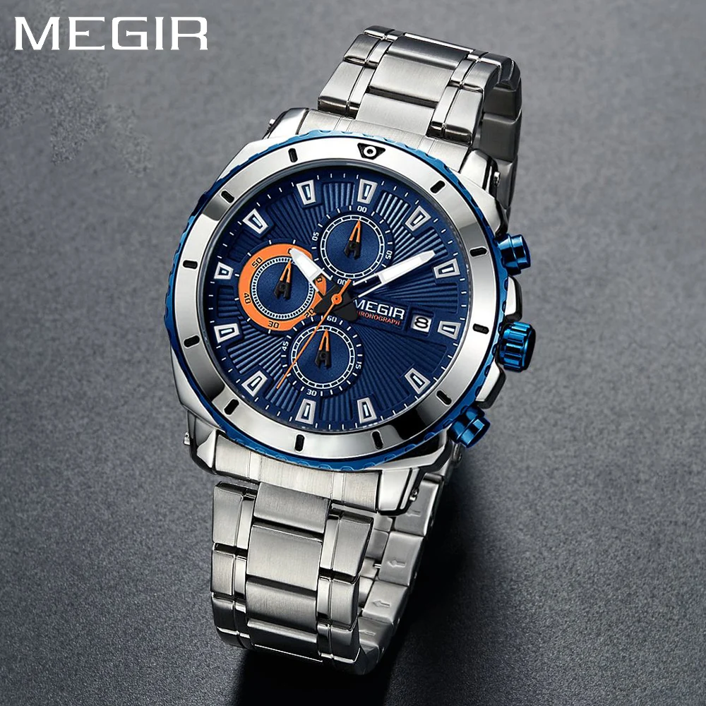 MEGIR Blue Dial Chronograph Sport Quartz Watches for Men\'s Fashion Stainless Steel Analogue Wristwatches Male Luminous Hands