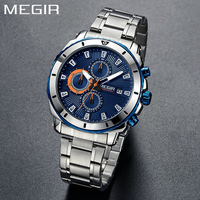 MEGIR Blue Dial Chronograph Sport Quartz Watches for Men's Fashion Stainless Steel Analogue Wristwatches Male Luminous Hands